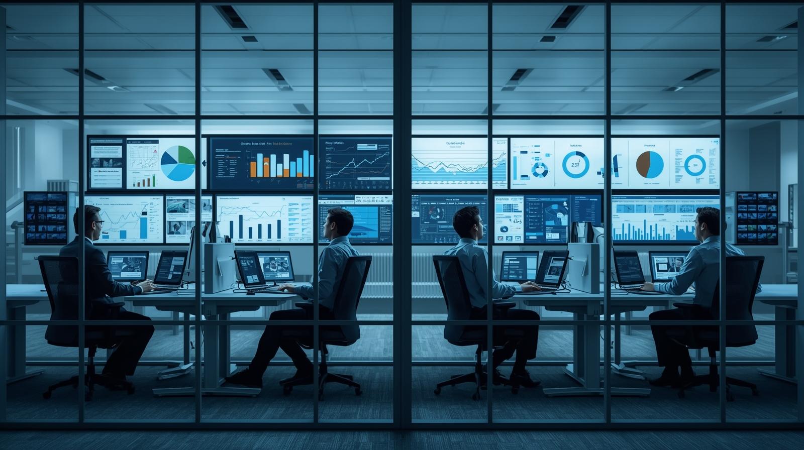 Analysts in a modern office monitor multiple screens displaying financial data.